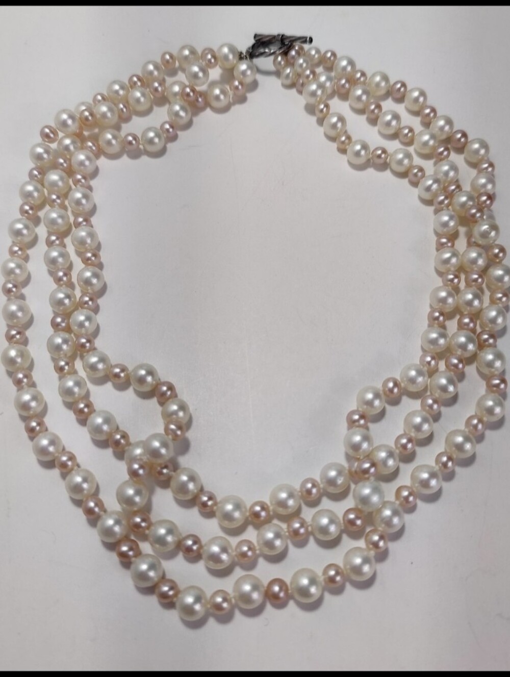 Multistrand Genuine Pearl Necklace White Pink Toggle Clasp Statement Elegant